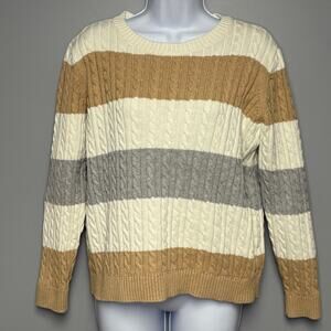 Land's End Drifter Cable Knit Neutral Striped Fisherman Sweater Womens Sz M